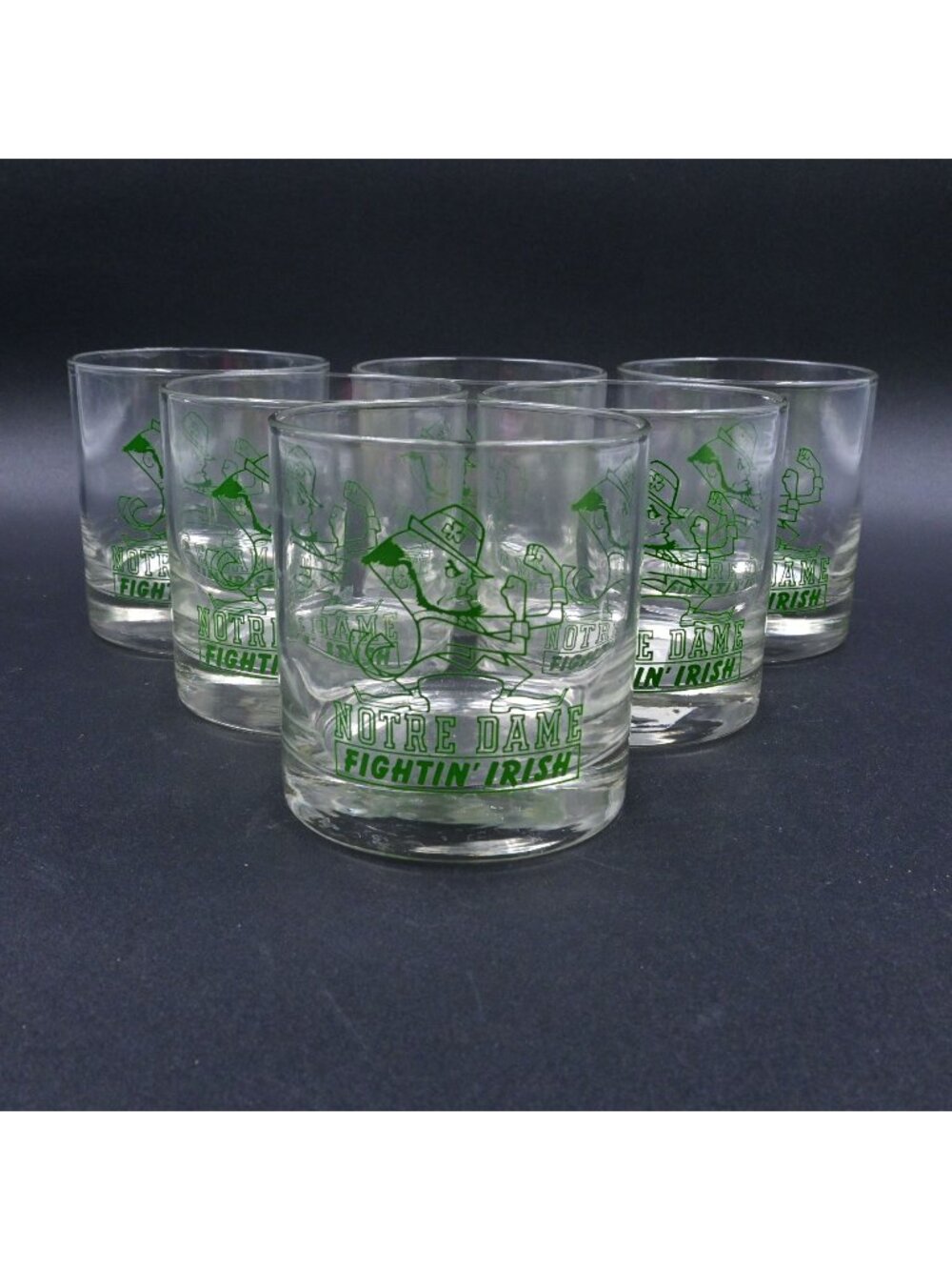 Notre Dame Fighting Irish Rocks Glasses Green Leprechaun Mascot Set 6 Vintage
